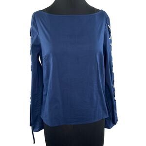 Ramy Brook NY Blue Boat Bateau Neck Lace Up Long Sleeves Pullover Blouse Size S